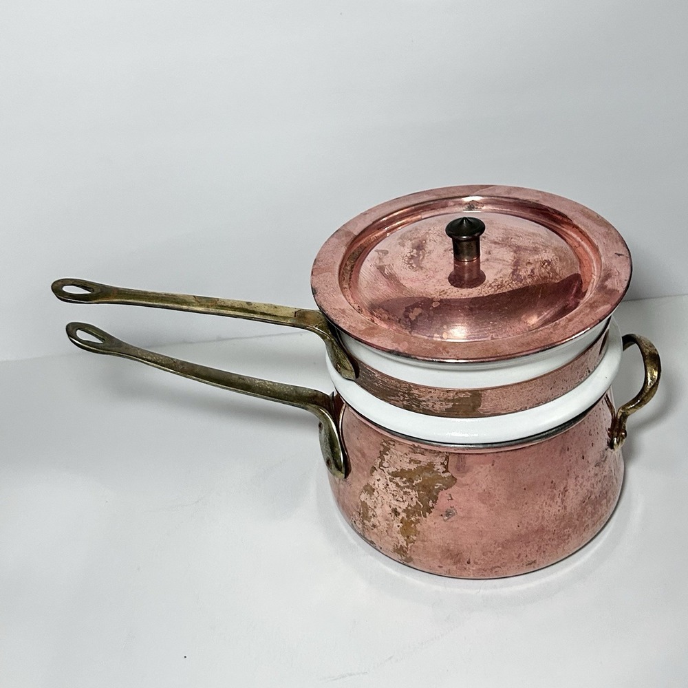 Vintage Taurus Portuguese Copper Double Boiler with Ceramic Insert Brass Handle - Picture 4 of 12
